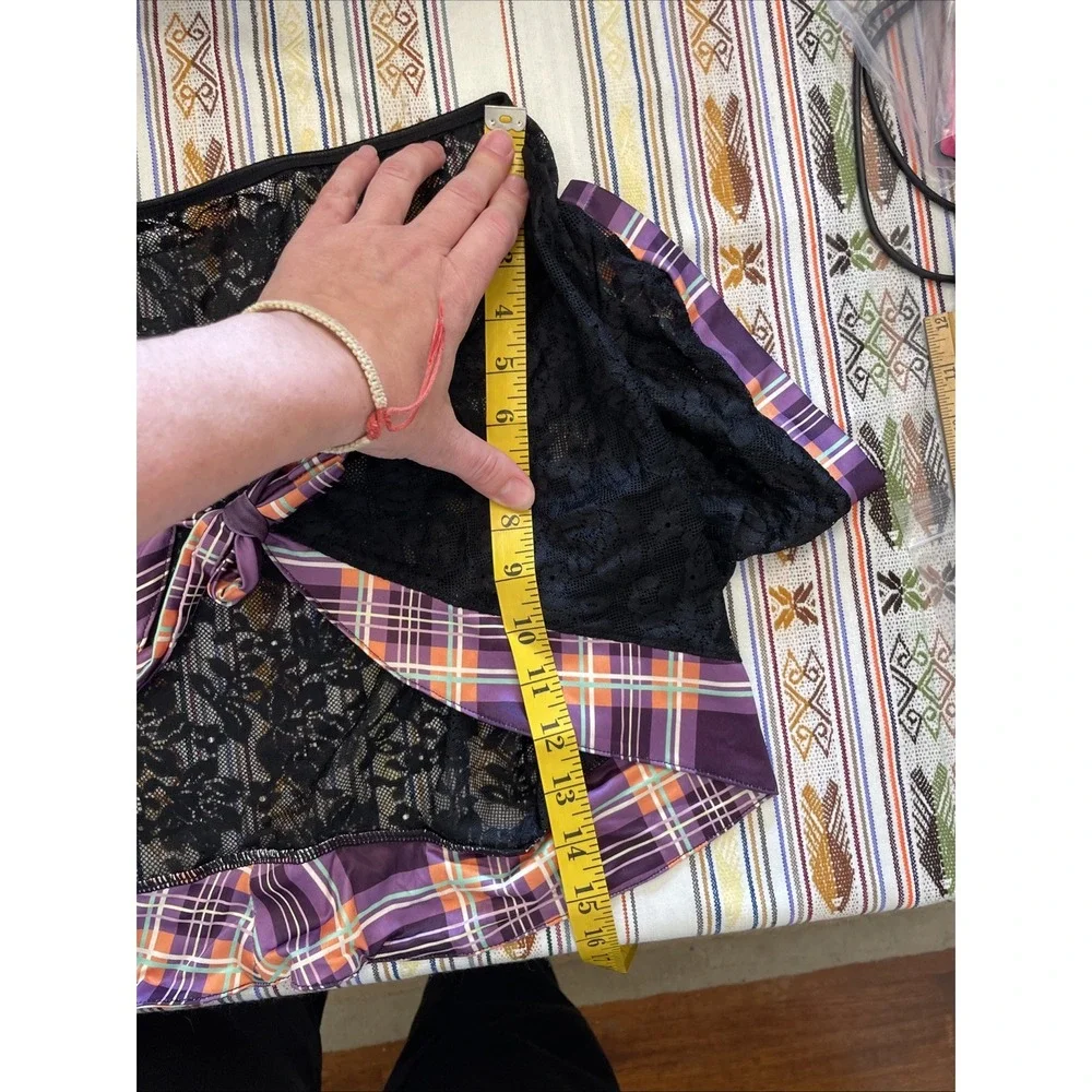 Four Piece Women's Bedroom Outfit Shorts, Low Top - Purple Plaid Black Lace NWOT